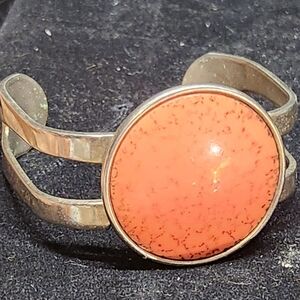Vintage Celebrity NY Signed Cuff Bracelet Faux Coral Cabochon Silver Tone 1970s